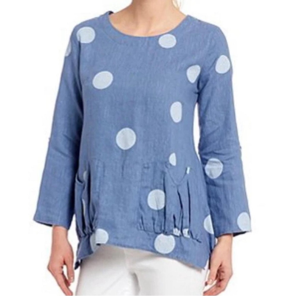 Ali Miles 100% Linen 3/4 Sleeve Blue and White Polka Dot Blouse Size Large